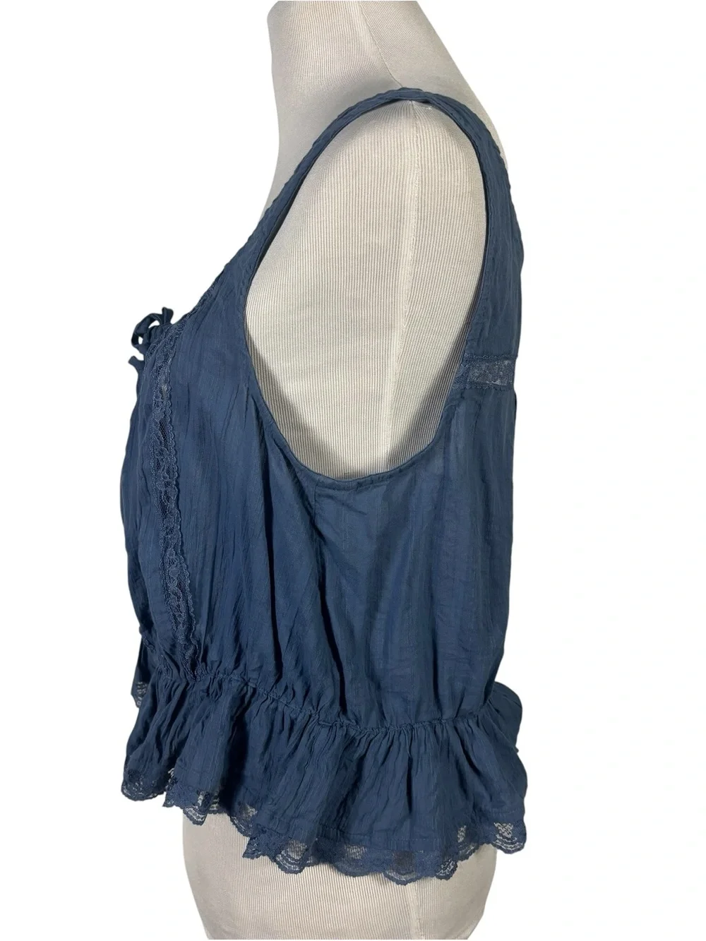 Free People Alana Lace Blue Topaz Cropped Tank Button Up Boho Women's L